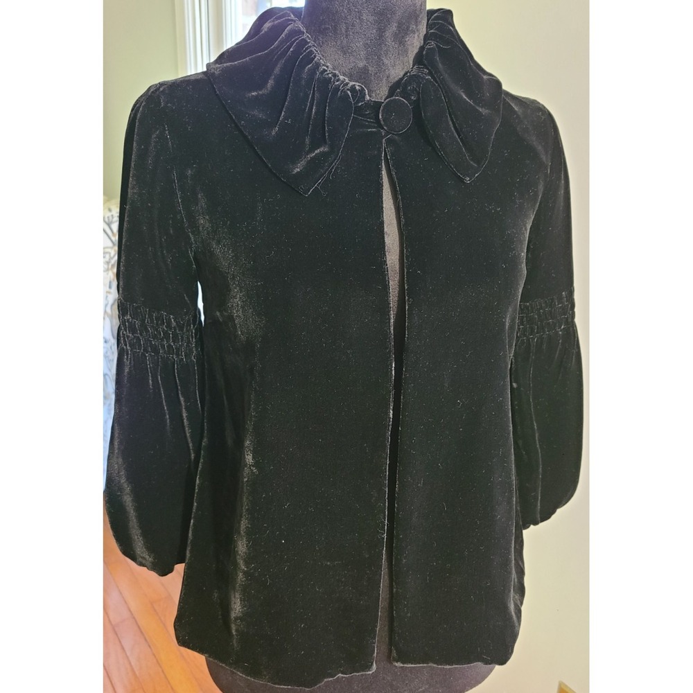 Cabi Womens Black Velvet Swing Jacket XS Whimsygoth Balloon Sleeve Silk Blend